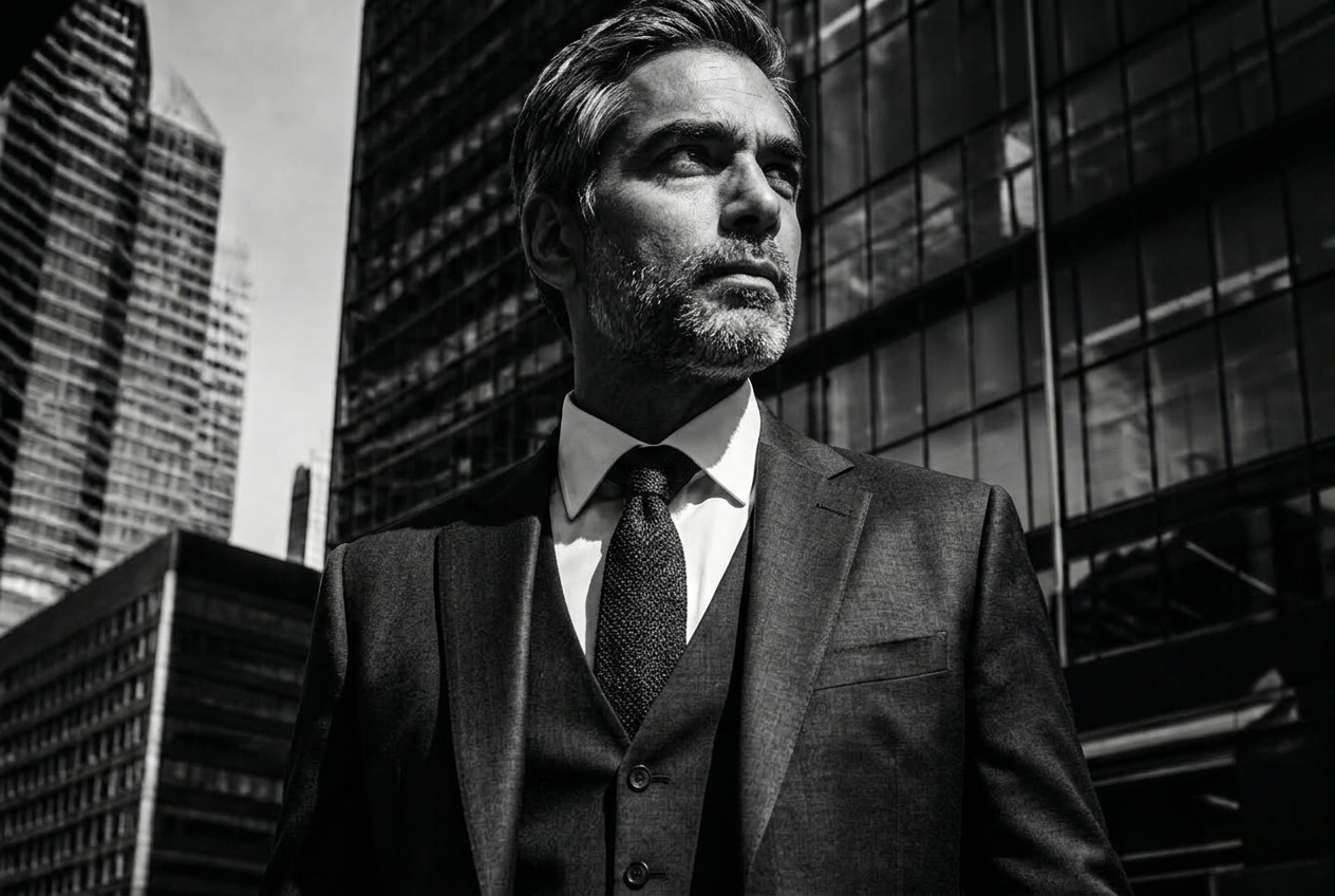 Senior M&A banker in a financial district